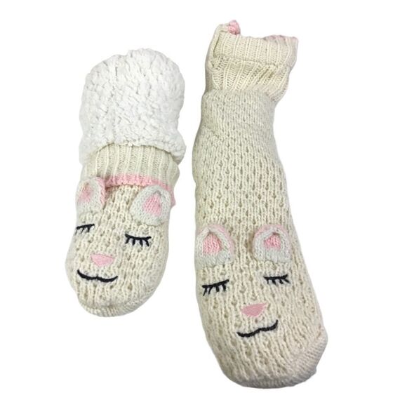 Jane and Bleecker Sherpa Lined Cream Animal Slipper Socks - Picture 2 of 4